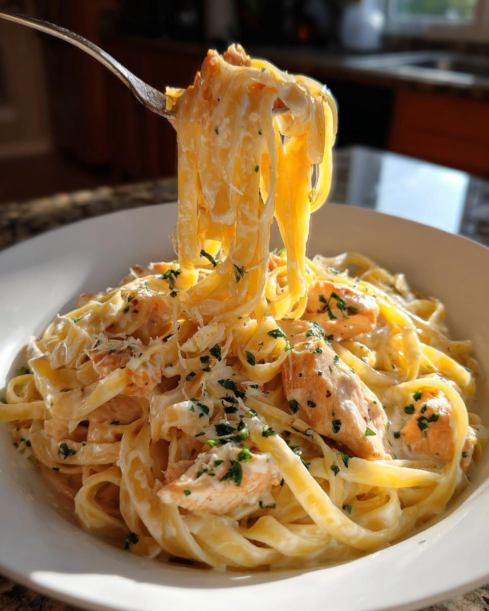 A fork lifts creamy fettuccine noodles coated in Alfredo sauce and chunks of chicken from a bowl of chicken fettuccine alfredo.