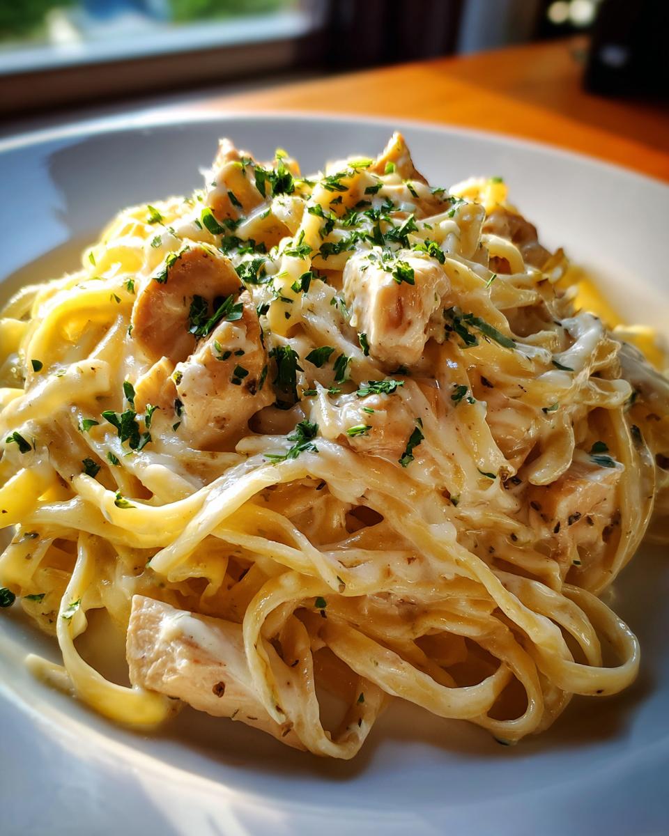 Close-up of creamy chicken fettuccine alfredo pasta topped with fresh parsley, served on a white plate.