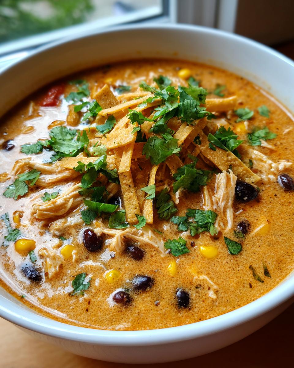 Close-up of a bowl of creamy chicken tortilla soup topped with tortilla strips, black beans, corn, and fresh cilantro.