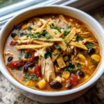 Close-up of a bowl of creamy chicken tortilla soup topped with shredded chicken, black beans, corn, tortilla strips, and cilantro.