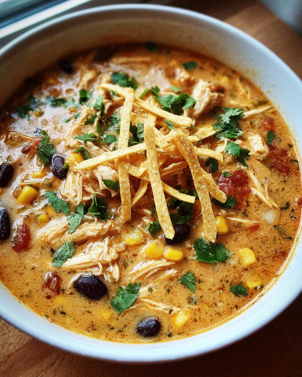 Close-up of a bowl of creamy chicken tortilla soup, featuring shredded chicken, black beans, corn, and topped with tortilla strips and cilantro.