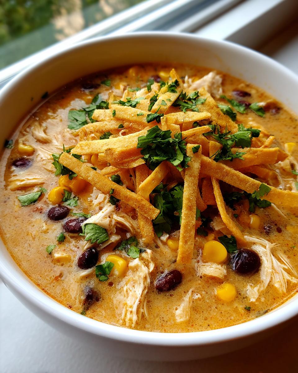 Close-up of a bowl of creamy chicken tortilla soup topped with tortilla strips, corn, black beans, and cilantro.