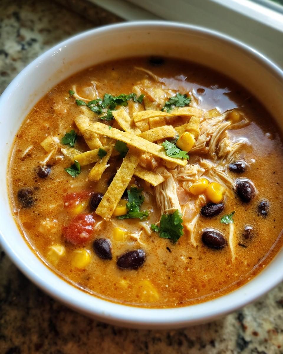 A close-up of a white bowl filled with creamy chicken tortilla soup, topped with tortilla strips, black beans, corn, and cilantro.