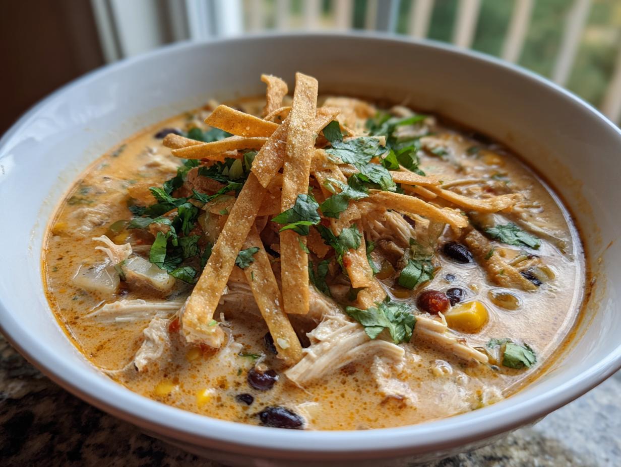 A close-up view of a bowl of creamy chicken tortilla soup, topped with crispy tortilla strips and fresh cilantro.