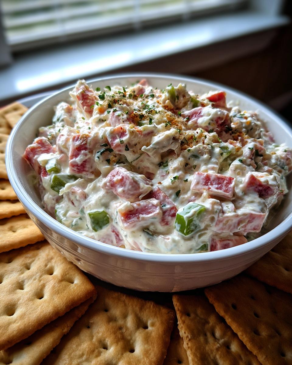 A bowl of creamy hoagie dip, loaded with diced meat and peppers, served surrounded by salty crackers.
