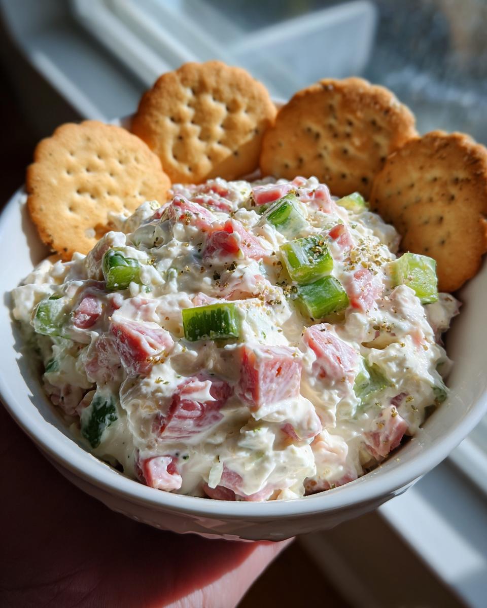 A close-up of creamy hoagie dip mixed with diced ham and green peppers, served in a white bowl with crackers.