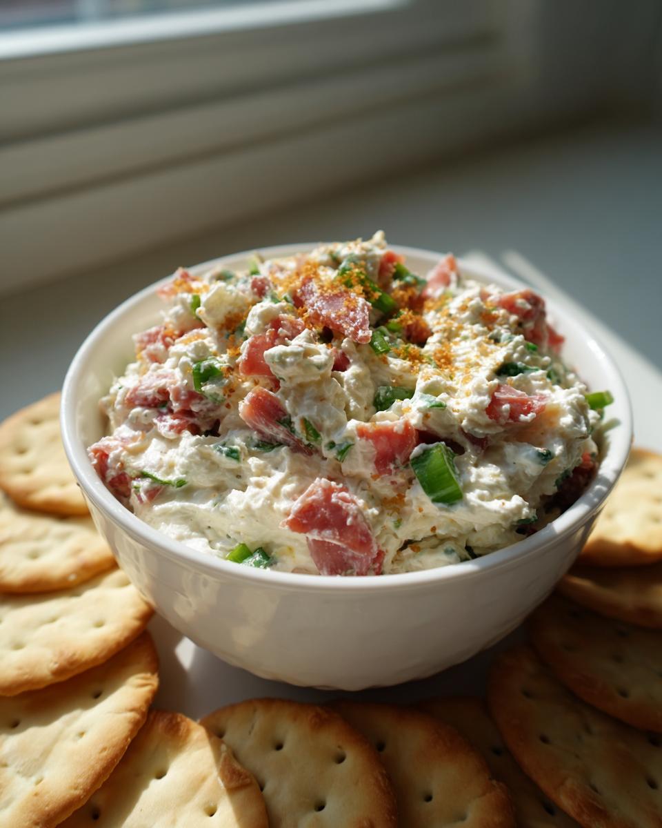 A white bowl filled with creamy hoagie dip mixed with meat and green onions, served with round crackers.