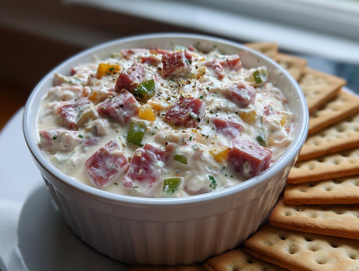A close-up of a creamy hoagie dip loaded with chunks of meat and peppers, served in a white bowl surrounded by crackers.