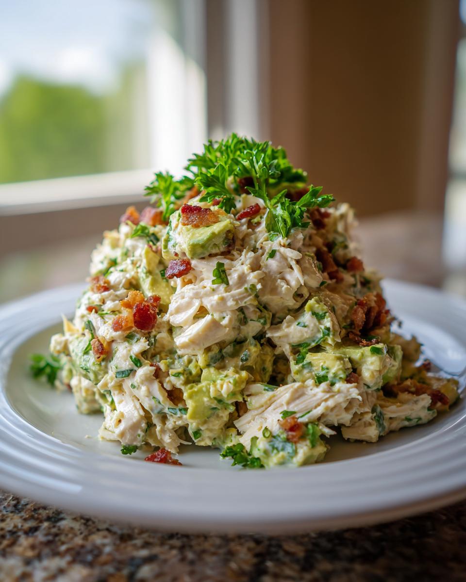 A mound of creamy honey mustard chicken salad mixed with chunks of avocado and topped with bacon bits and parsley.