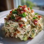 A mound of creamy honey mustard chicken salad mixed with avocado and topped with crispy bacon bits and fresh parsley.