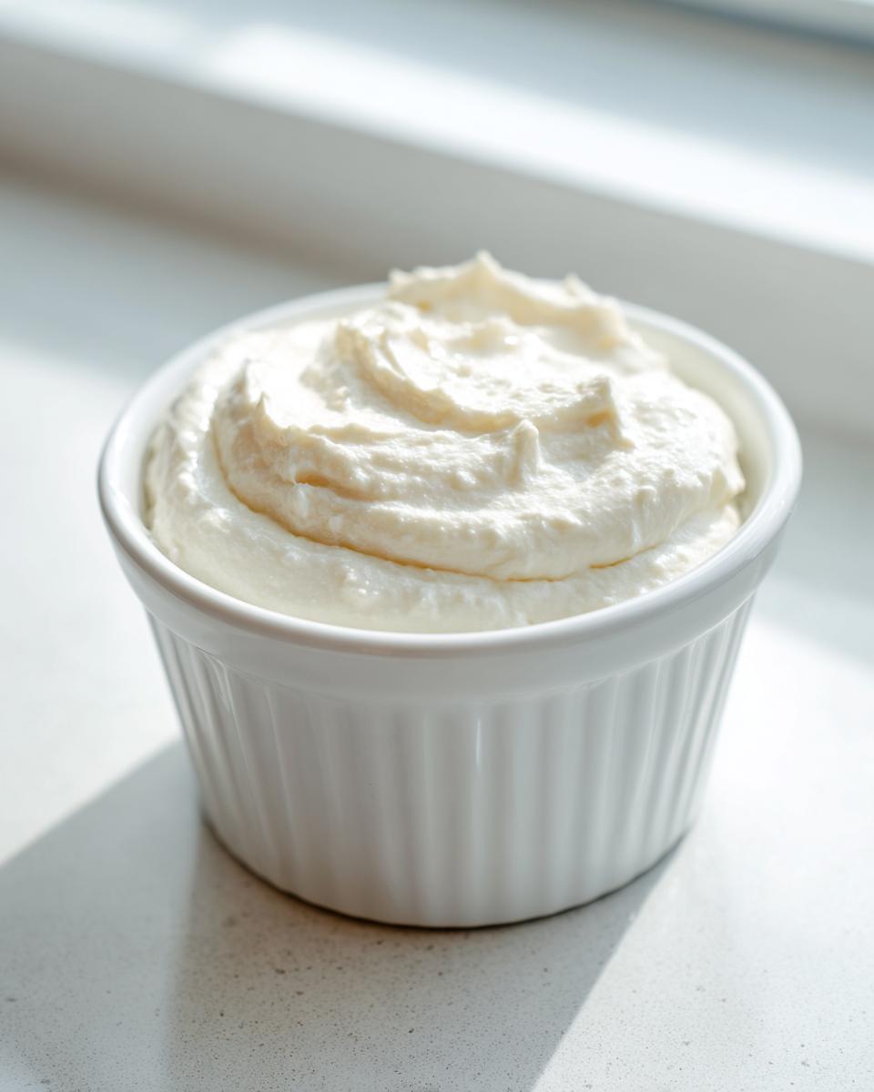 A small white ramekin filled with thick, creamy horseradish sauce, sitting on a light countertop.
