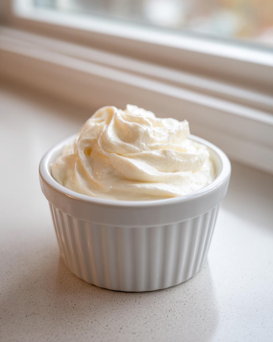 A small white ramekin filled with creamy, swirled horseradish sauce, set on a light countertop near a window.