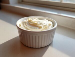 A small white ramekin filled with creamy, whipped horseradish sauce, sitting on a bright countertop.