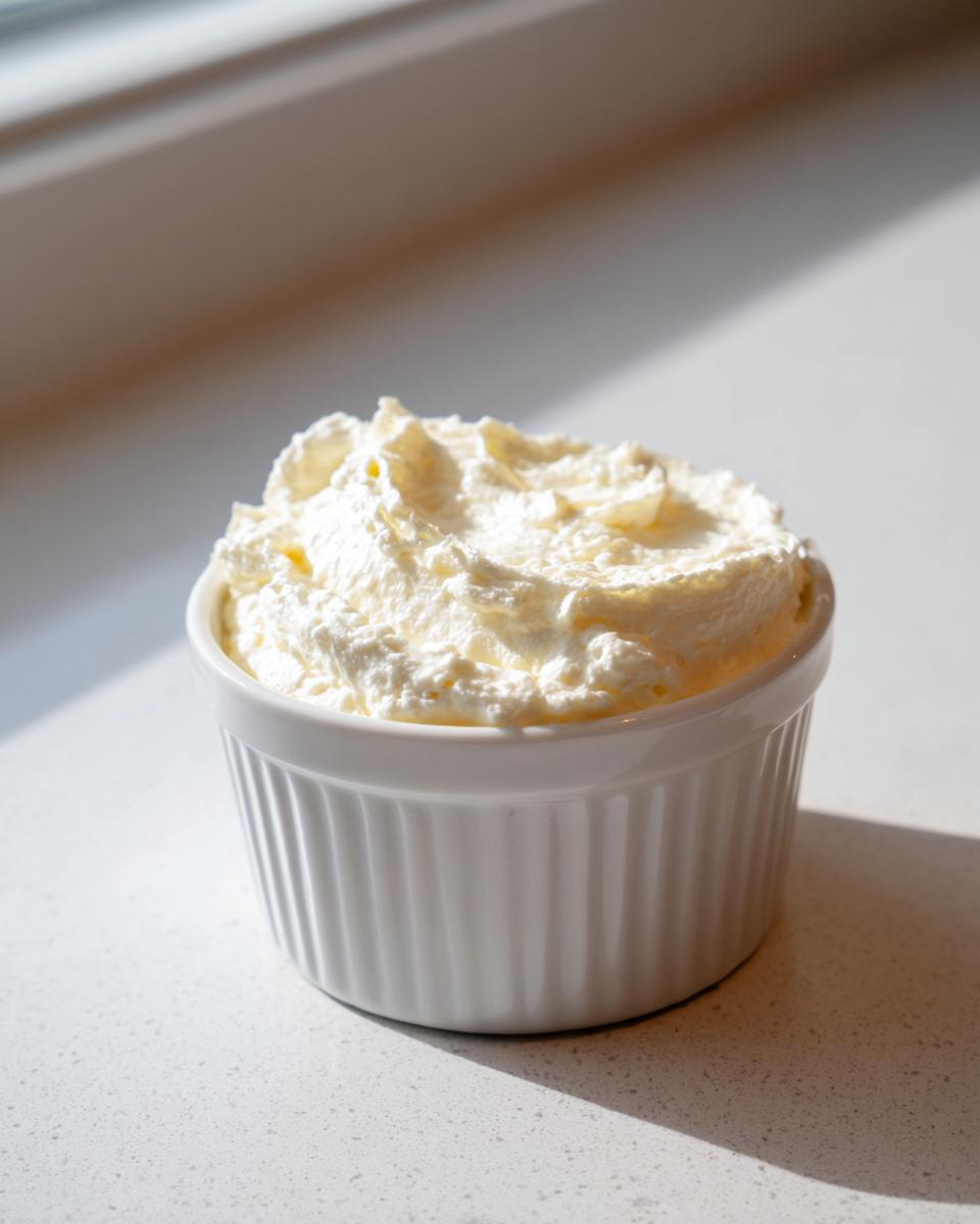 A small white ramekin filled with fluffy, creamy horseradish sauce, brightly lit by natural light.