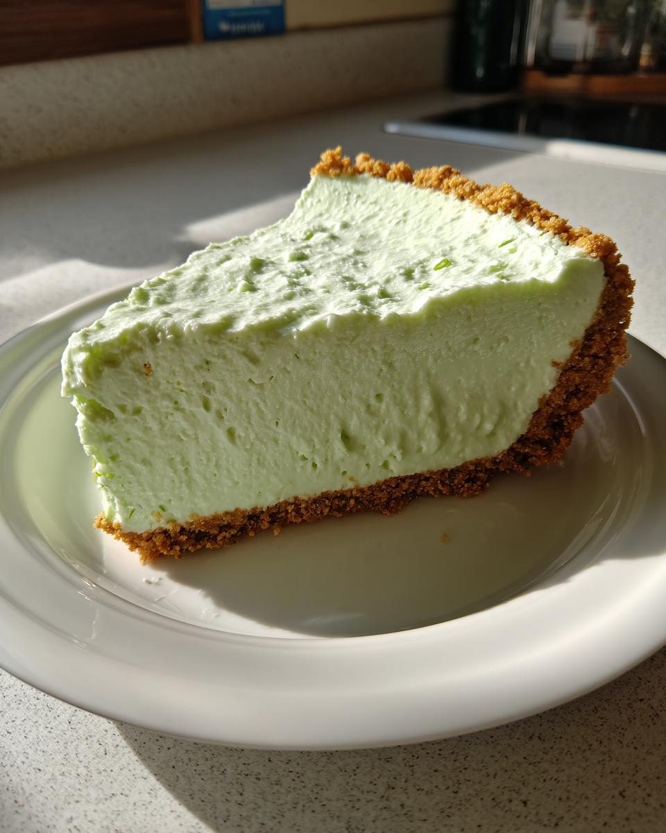 A thick, creamy slice of bright green key lime cheesecake with a graham cracker crust, sitting on a white plate.