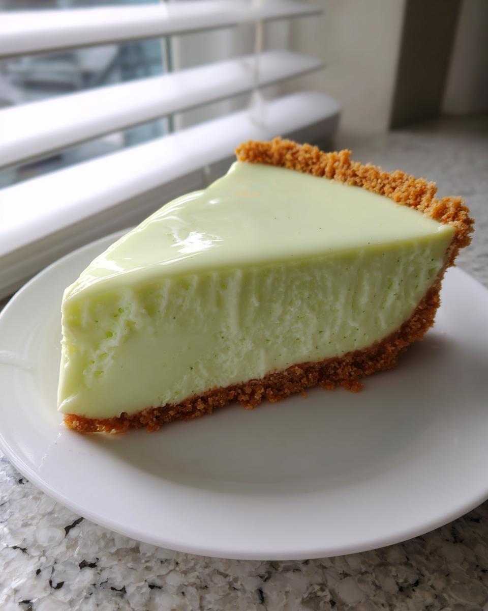 A perfect slice of creamy key lime cheesecake with a thick graham cracker crust, served on a white plate.