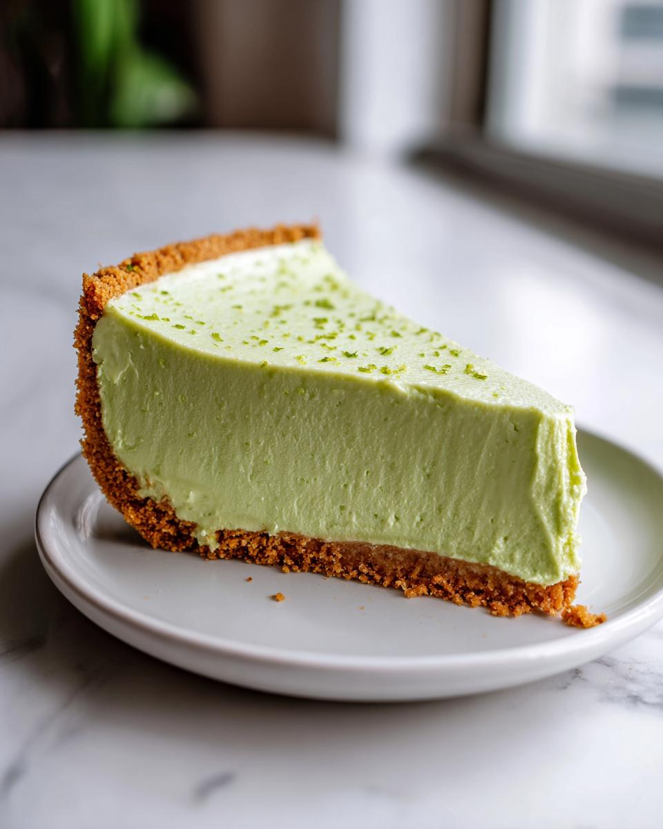 A perfect slice of creamy, light green key lime cheesecake with a graham cracker crust on a white plate.