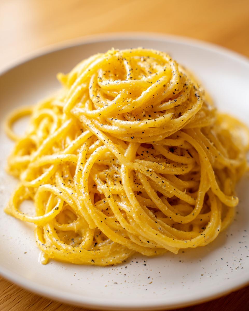 A beautiful swirl of creamy lemon pasta, coated in a rich yellow sauce and generously topped with fresh cracked black pepper.