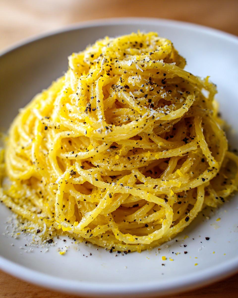 Close-up of a mound of creamy lemon pasta tossed with fresh black pepper and lemon zest.