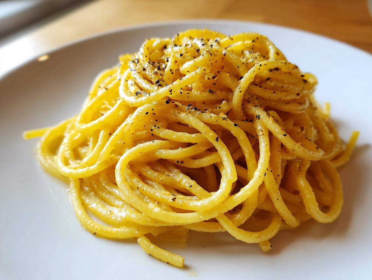 A close-up shot of a perfectly twirled serving of creamy lemon pasta topped generously with freshly cracked black pepper.