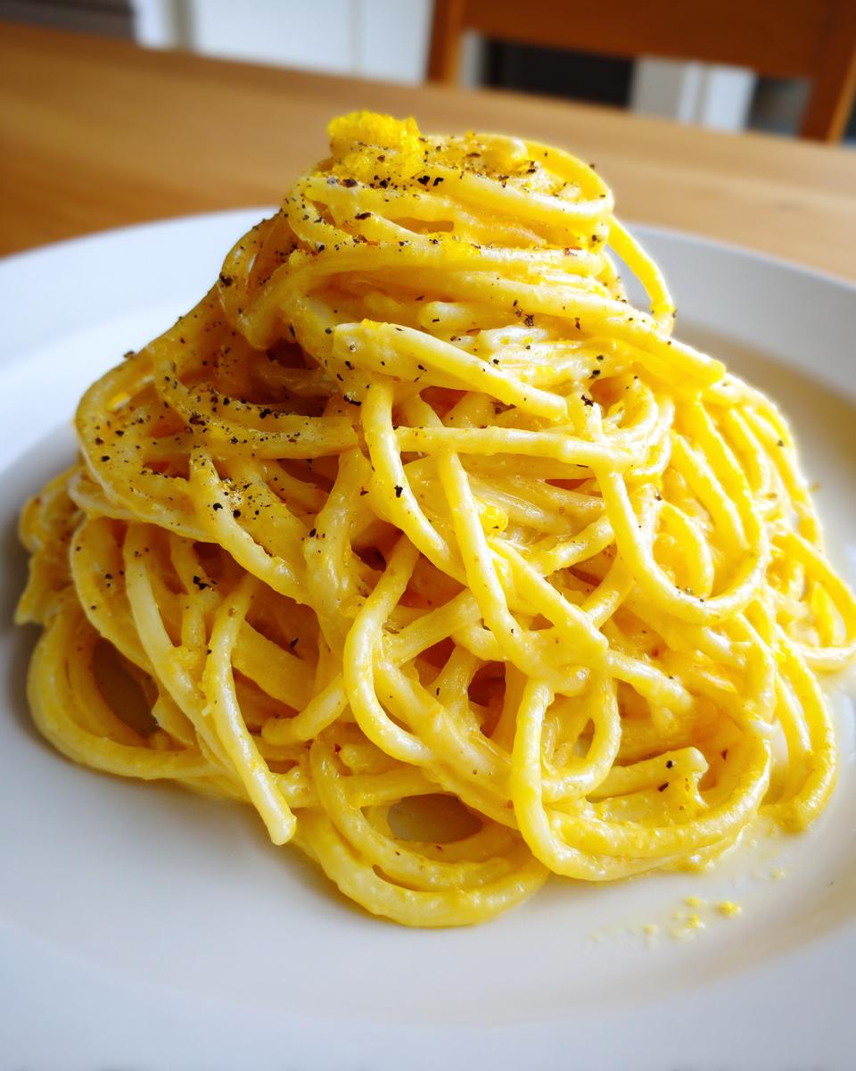 A close-up of a mound of creamy lemon pasta topped with black pepper and lemon zest.