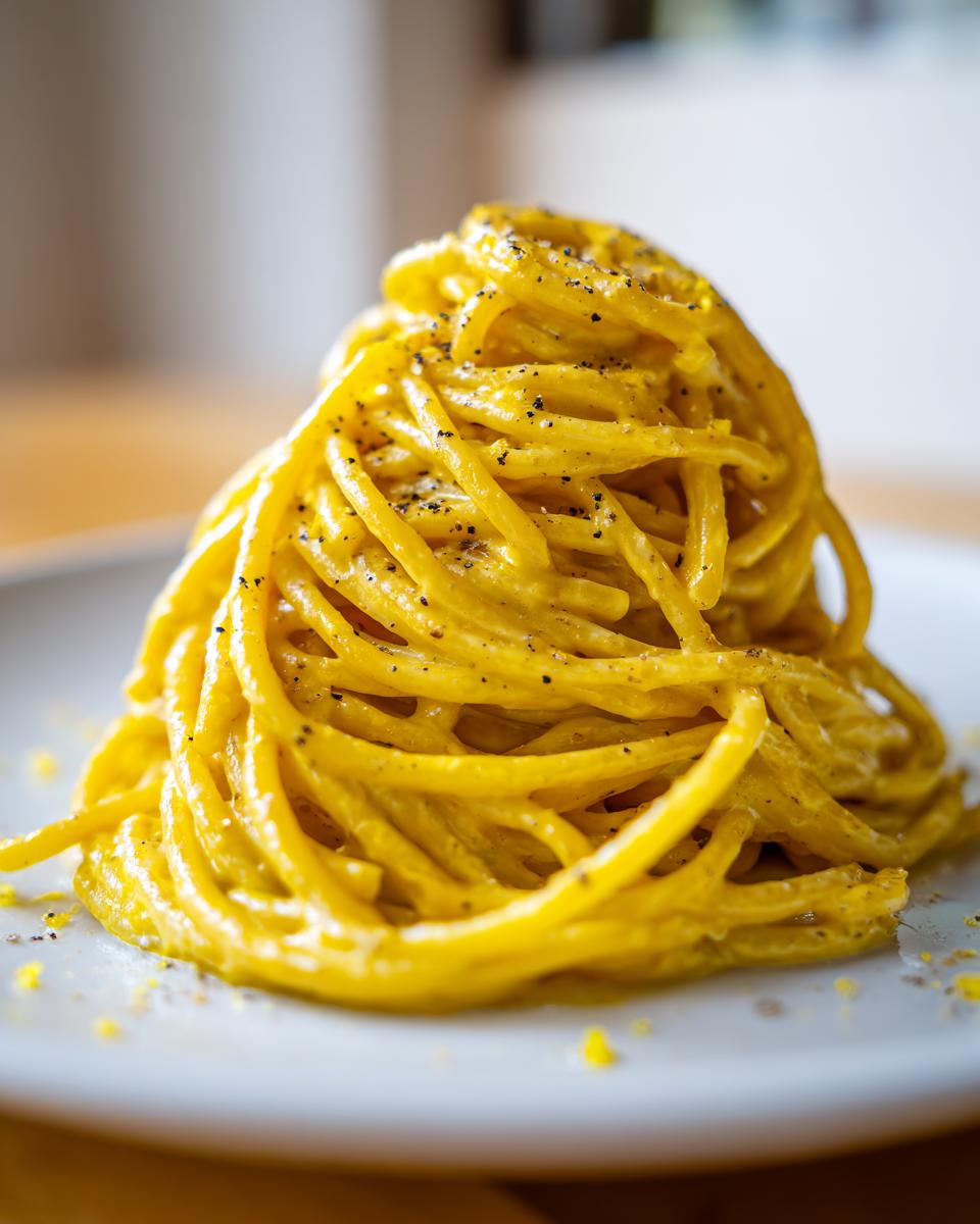 Close-up of a tall swirl of creamy lemon pasta coated in a rich yellow sauce and topped with fresh black pepper.