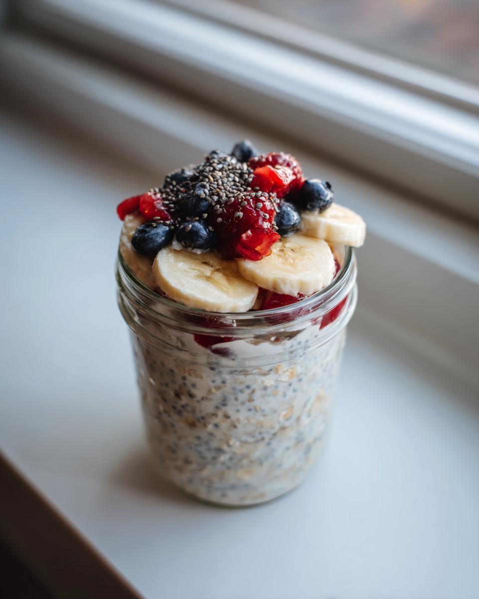 A jar of creamy overnight oats topped with sliced banana, blueberries, strawberries, and chia seeds.