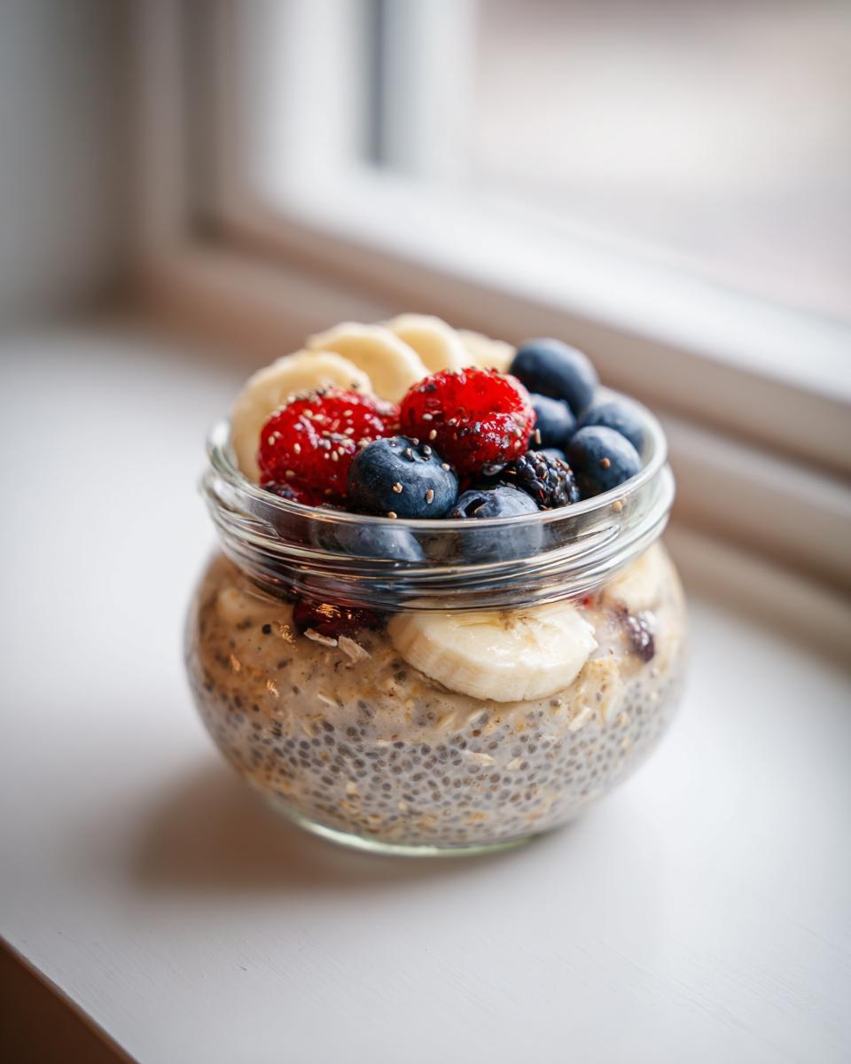A glass jar filled with creamy overnight oats topped with fresh blueberries, raspberries, and banana slices.