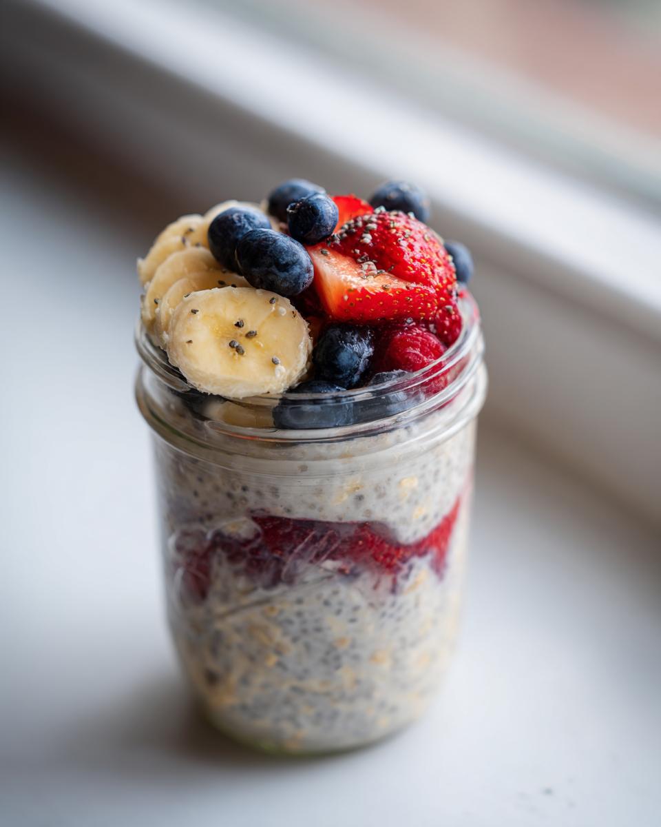 A jar of creamy overnight oats layered with fruit puree and topped with fresh blueberries, sliced bananas, and strawberries.