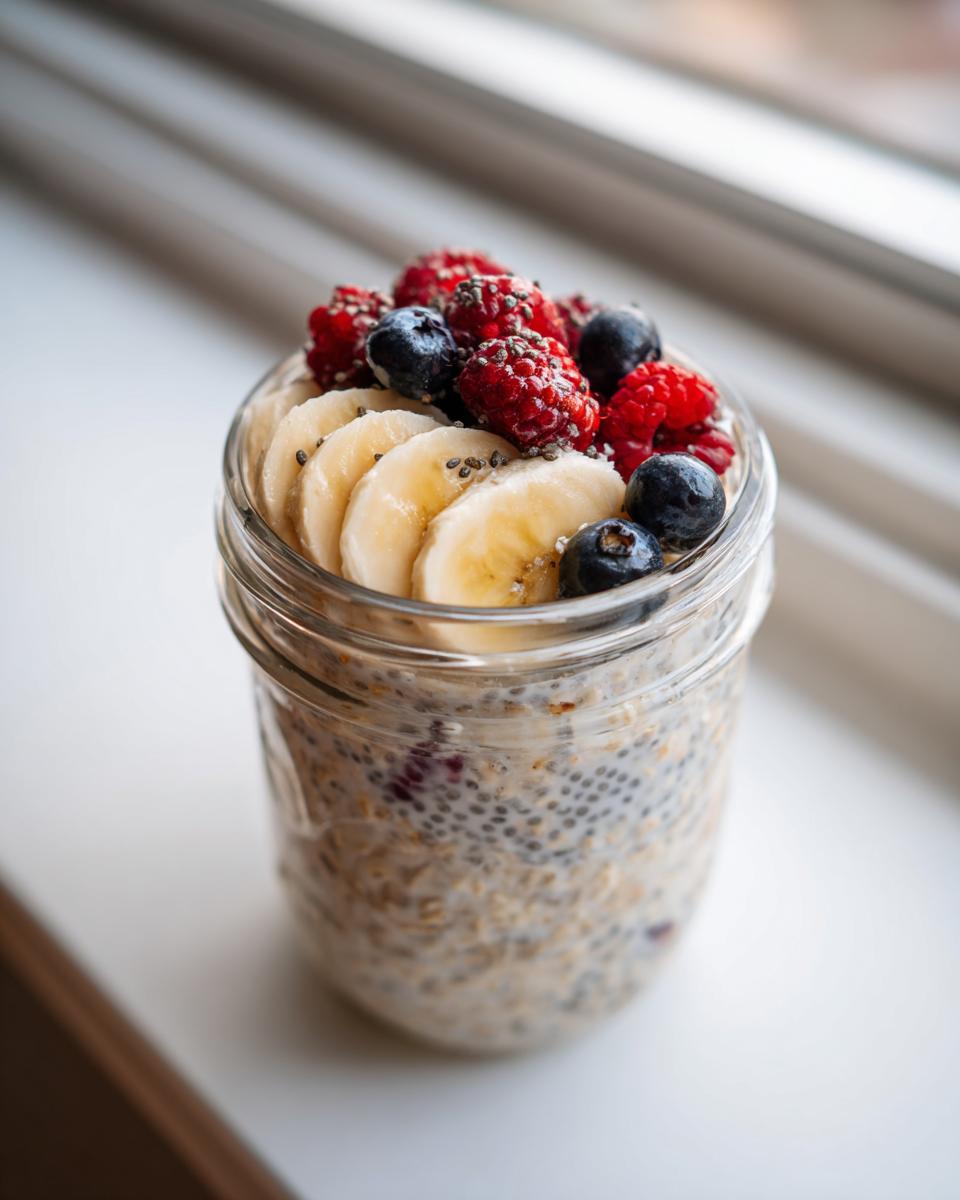A jar of creamy overnight oats topped with sliced banana, fresh blueberries, and raspberries.