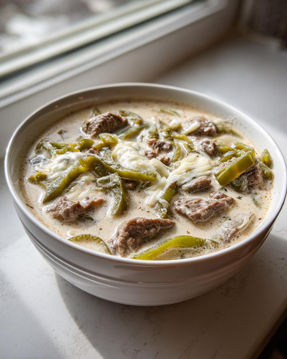 A close-up of a white bowl filled with creamy philly cheese steak soup featuring chunks of beef and sliced green peppers, topped with melted white cheese.