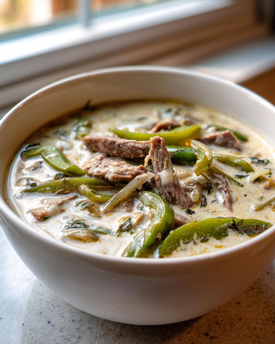 Close-up of a creamy philly cheese steak soup featuring slices of beef and bright green bell peppers in a white bowl.