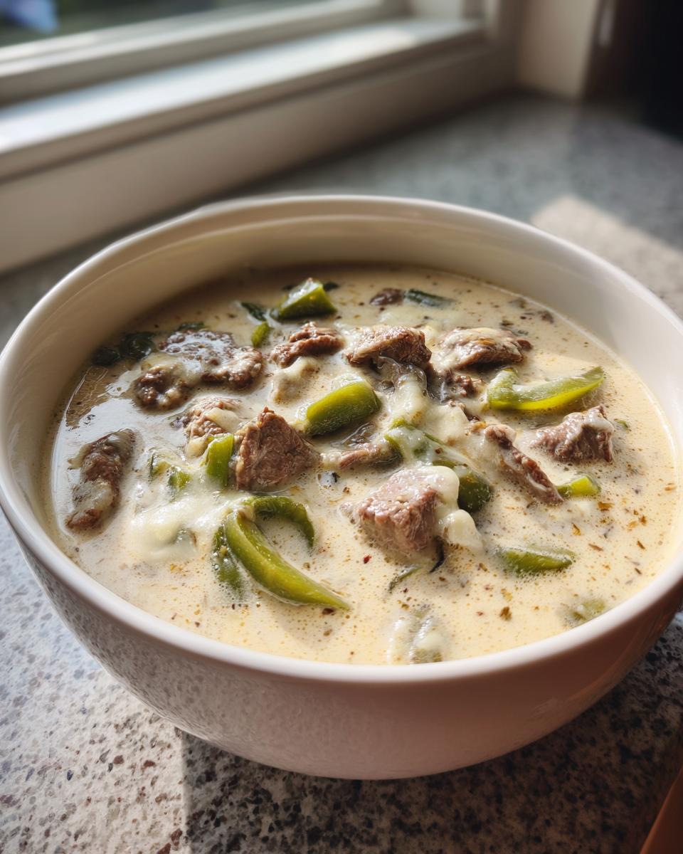 Close-up of a hearty bowl of creamy philly cheese steak soup with chunks of beef and green peppers.