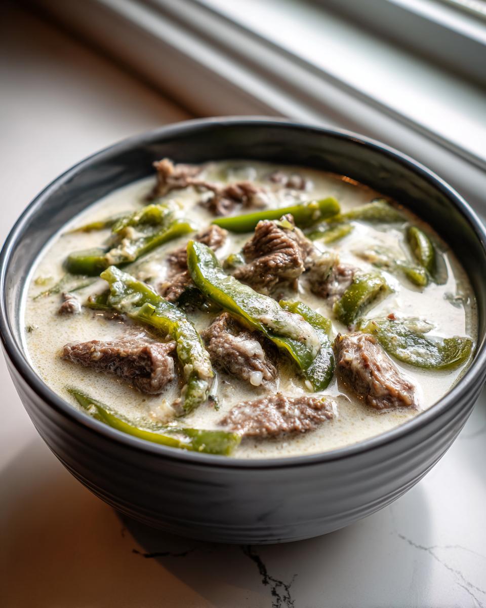 Close-up of a rich, creamy philly cheese steak soup with chunks of beef and green bell peppers.