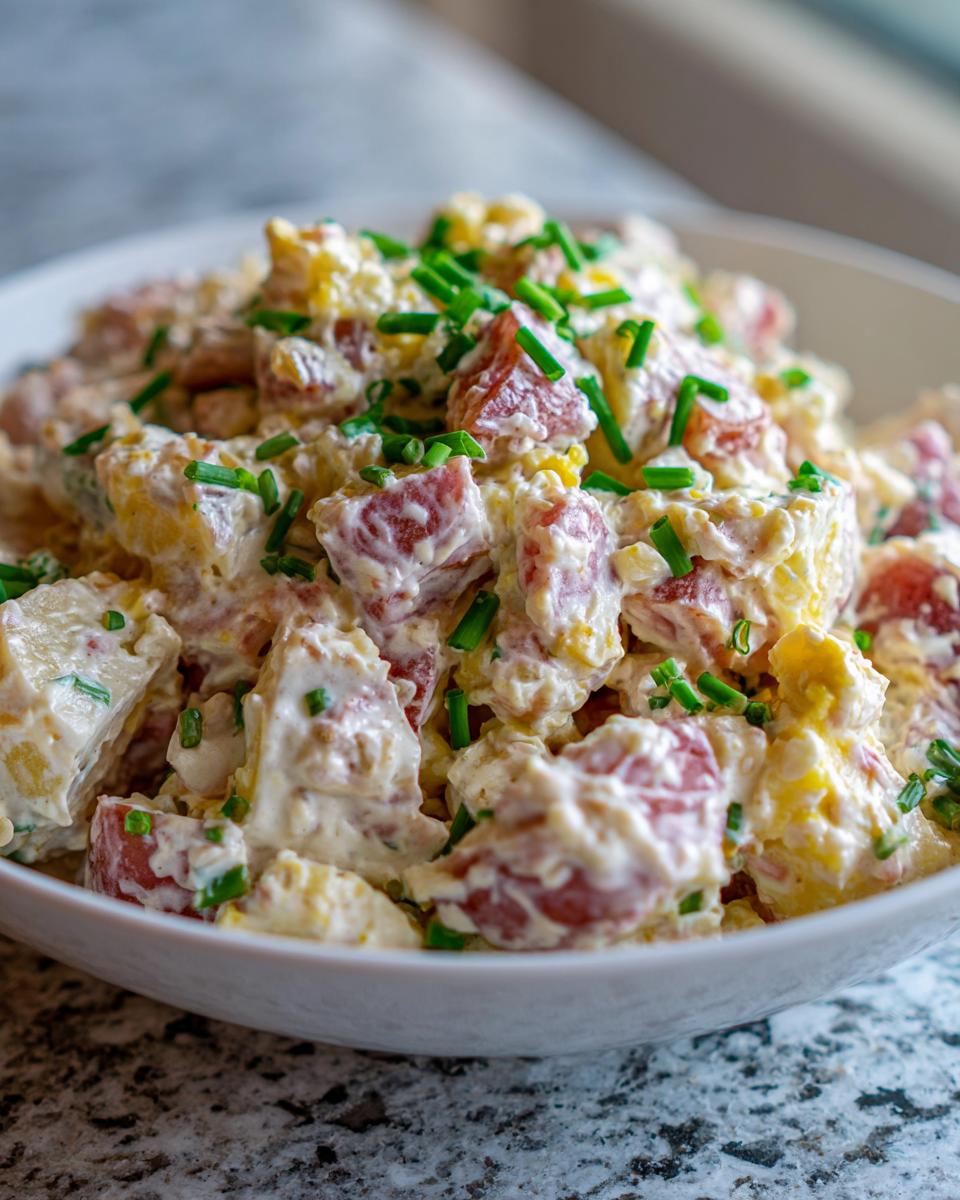 Close-up of creamy red potato salad, featuring chunks of red potato coated in dressing and topped with fresh green chives.
