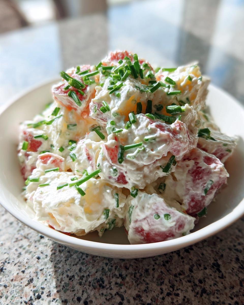 Close-up of creamy red potato salad chunks coated in dressing and generously topped with chopped green chives.