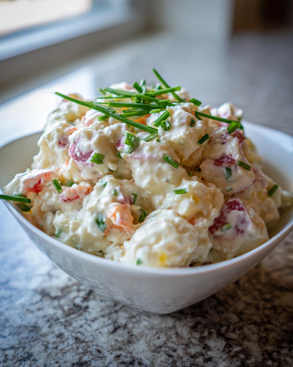 A close-up of creamy red potato salad topped with fresh chives in a white bowl.