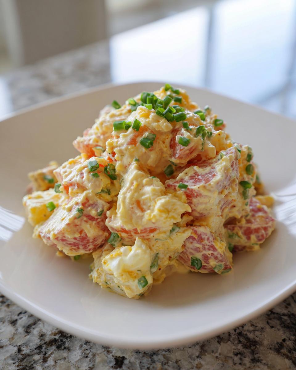 A generous serving of creamy red potato salad mixed with dressing and topped with fresh chopped chives.