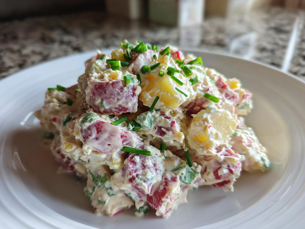 A mound of creamy red potato salad mixed with dressing and topped with fresh chopped chives on a white plate.