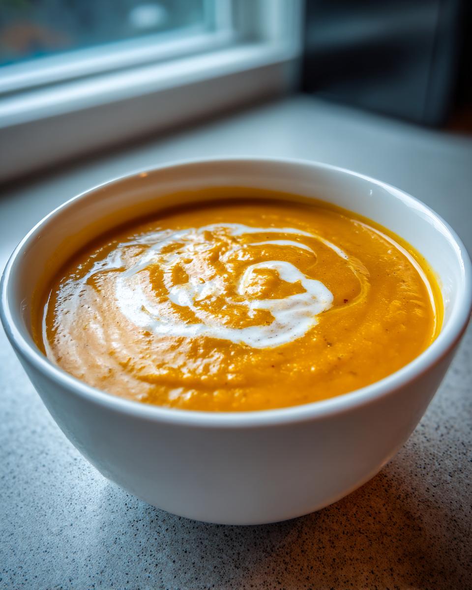 Close-up of creamy roasted butternut squash soup topped with a swirl of cream in a white bowl.