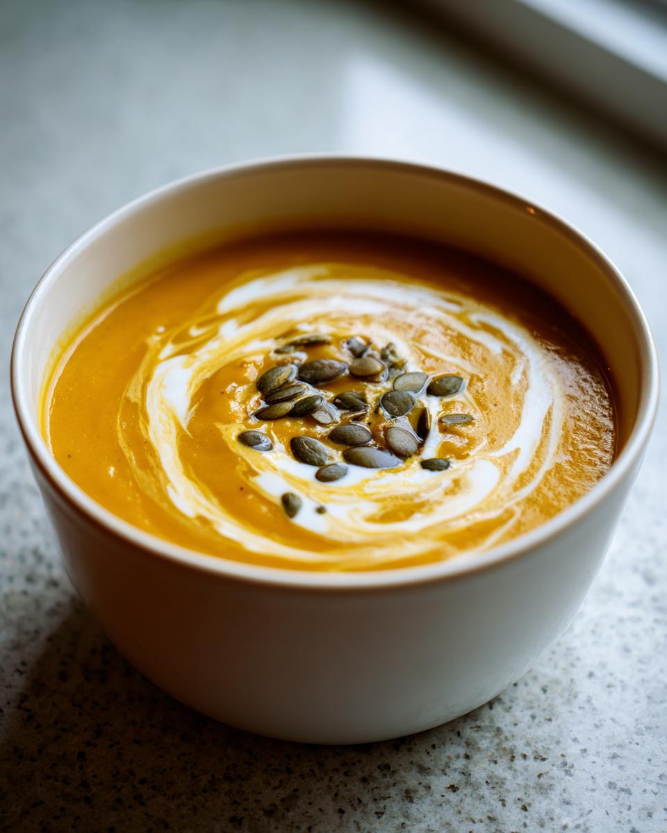 A close-up of creamy roasted butternut squash soup, swirled with cream and topped with dark green pumpkin seeds.
