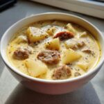 Close-up of a creamy sausage potato soup, featuring chunks of potato and sliced sausage, garnished with herbs.