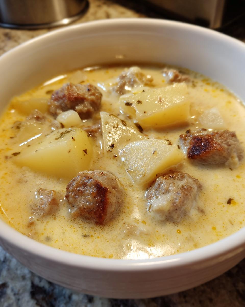Close-up of creamy sausage potato soup featuring chunks of browned sausage and tender potatoes in a rich broth.