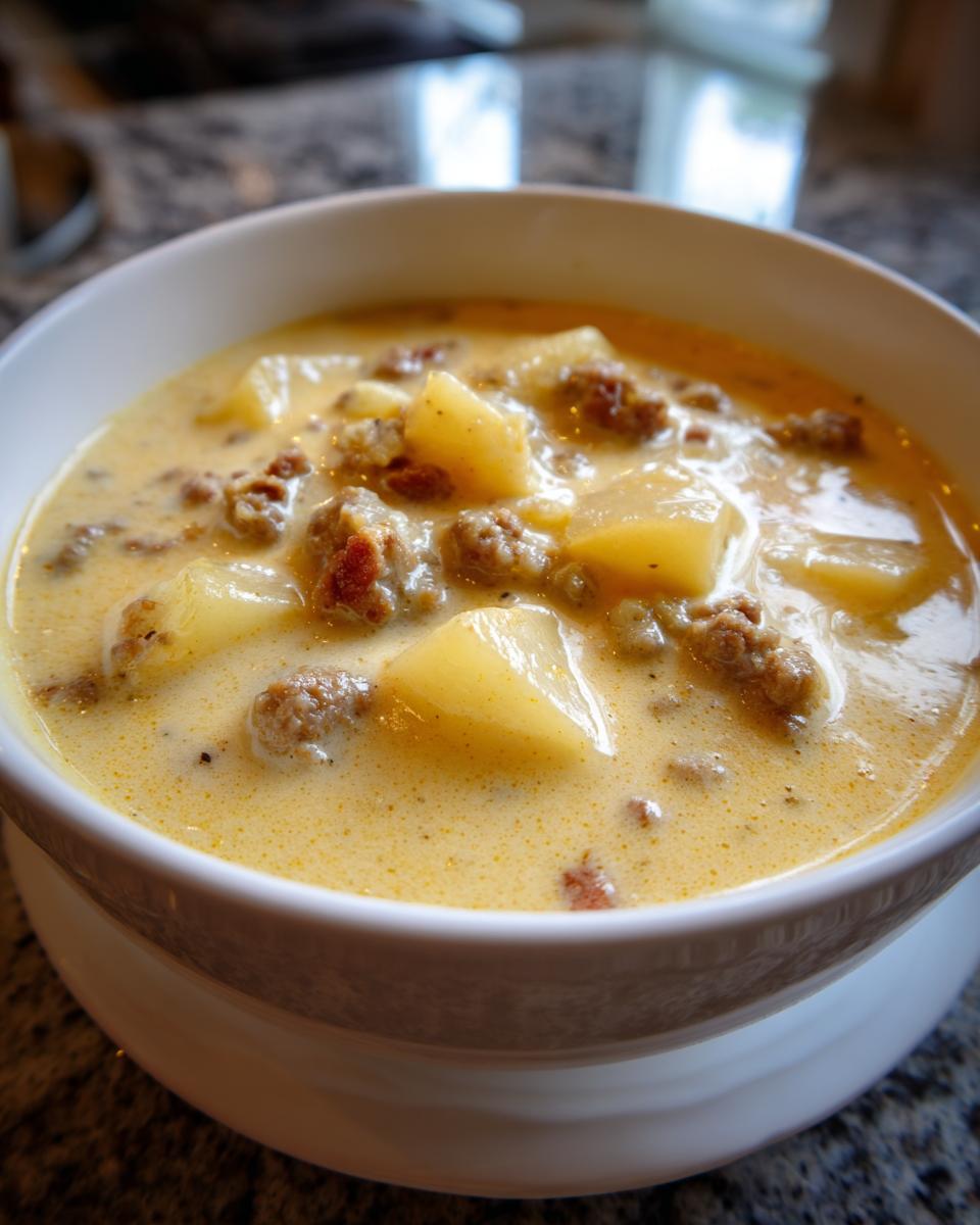 Close-up of a hearty bowl of creamy sausage potato soup with chunks of potato and browned sausage.