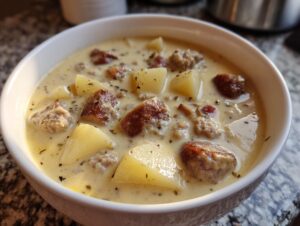 Close-up of a hearty bowl of creamy sausage potato soup, featuring chunks of sausage and potatoes.