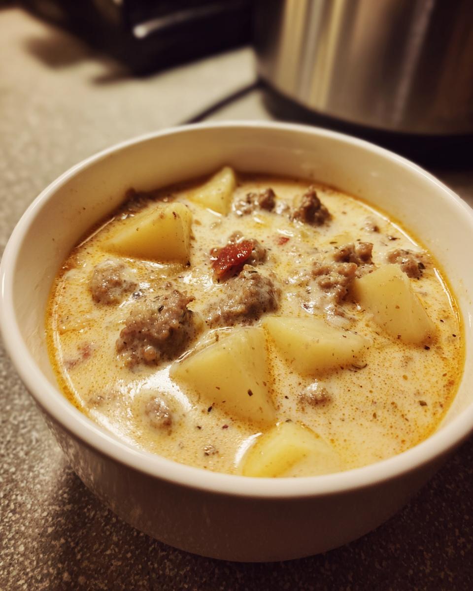 Close-up of a white bowl filled with creamy sausage potato soup, showing chunks of potato and browned sausage.