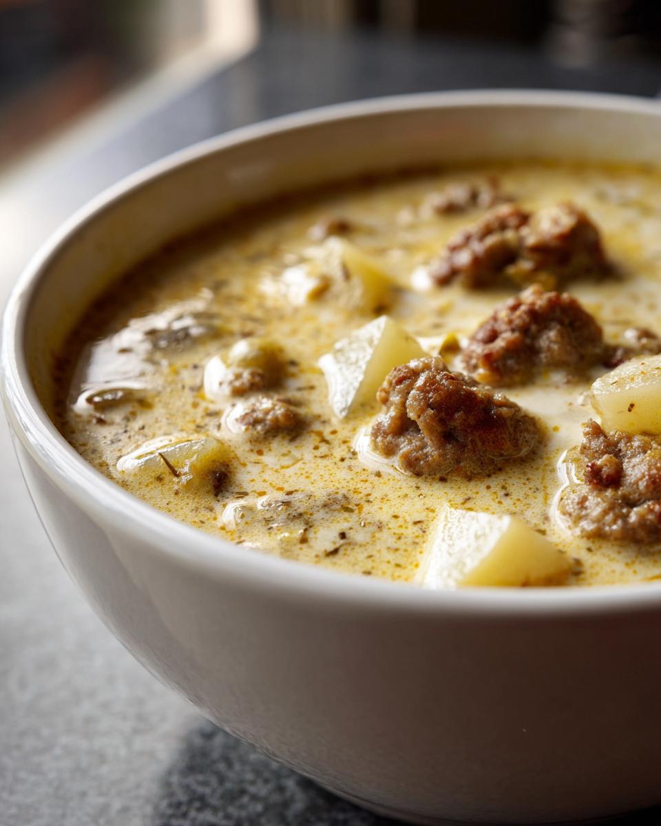 Close-up of a hearty bowl of creamy sausage potato soup, showing chunks of potato and browned sausage.