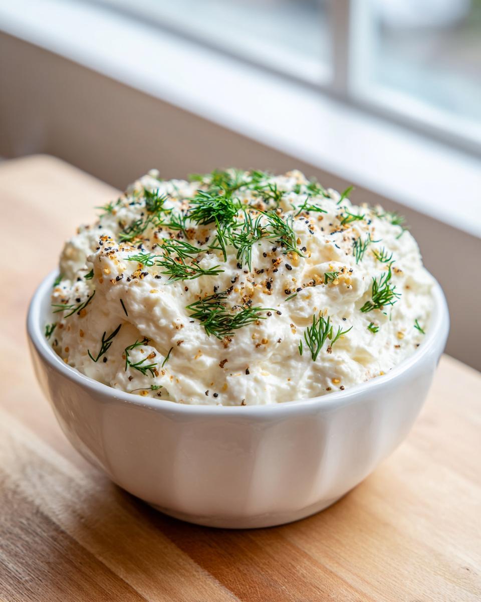 A white bowl filled with creamy smoked salmon dip, generously garnished with fresh dill and everything bagel seasoning.