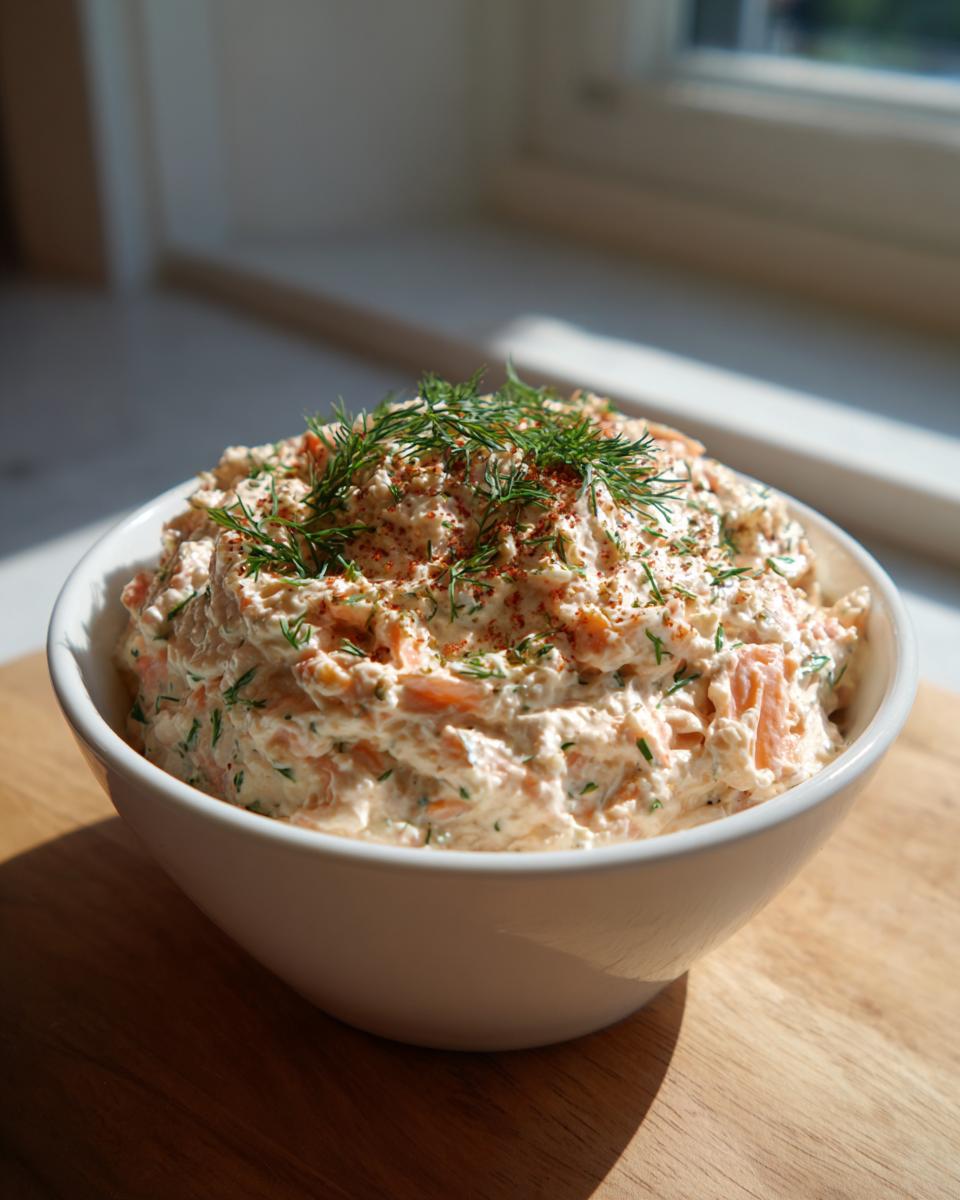 A close-up of creamy smoked salmon dip, garnished with fresh dill and paprika, served in a white bowl.