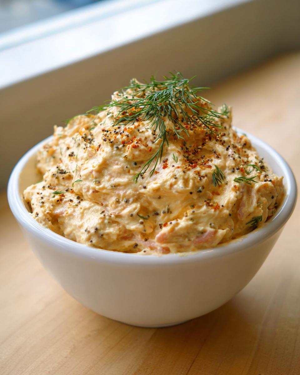 A bowl of creamy, orange-hued smoked salmon dip garnished with fresh dill and spices.
